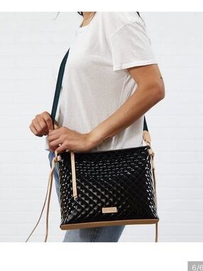 Consuela Black Quilted Crossbody with Tan Accents and Green Strap